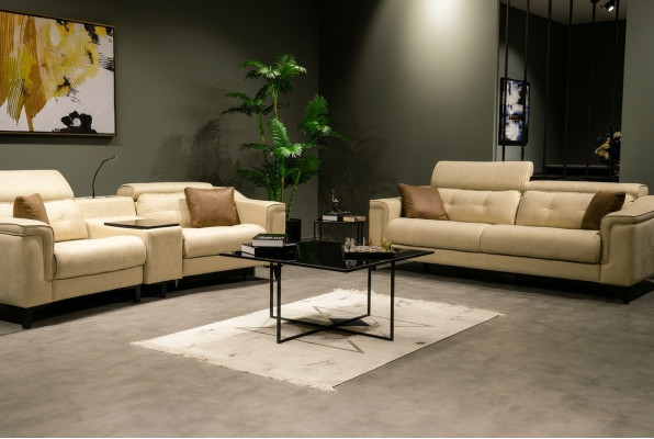 Beige Leather Sofa Set Designer 3-Seater 2-Seater Couch 2-Piece Set