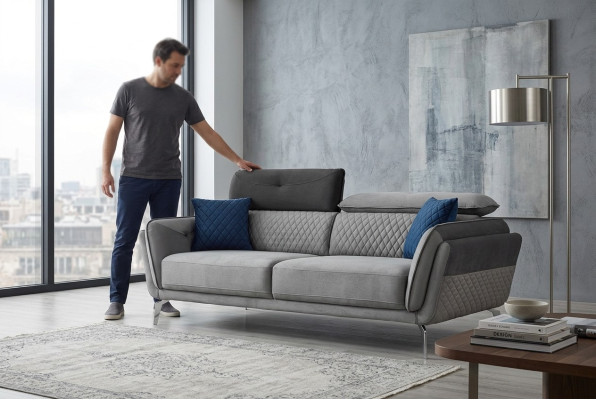 Gray fabric sofa luxurious upholstered couch modern three-seater textile furniture