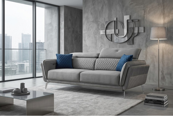 Gray fabric sofa luxurious upholstered couch modern three-seater textile furniture