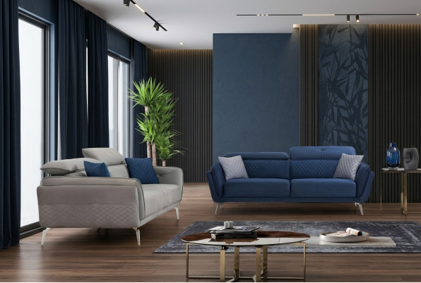 Designer upholstered couch set blue-gray fabric sofas luxury 2x 3-seater