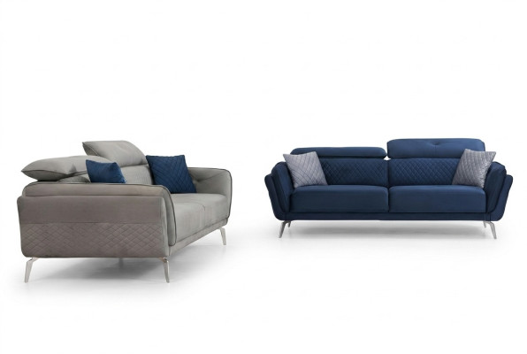 Designer upholstered couch set blue-gray fabric sofas luxury 2x 3-seater