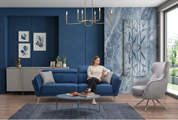Exquisite blue three-seater designer sofa set upholstery furniture