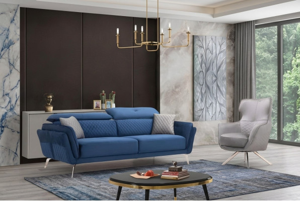 Exquisite blue three-seater designer sofa set upholstery furniture