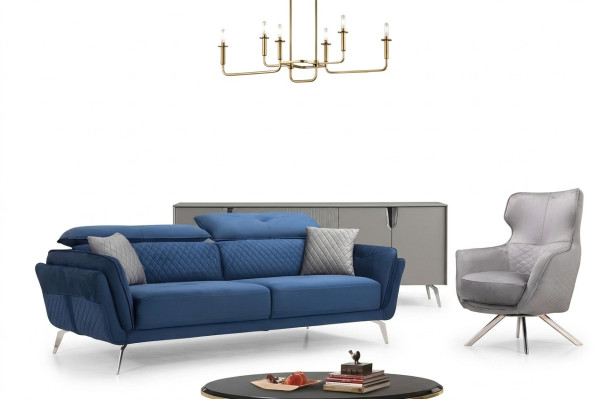 Exquisite blue three-seater designer sofa set upholstery furniture