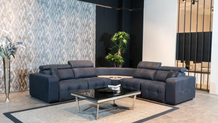 L-shaped sectional leather sofa, large sofa, gray couch, living room design