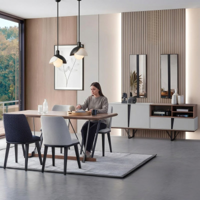 Complete dining room, dining table 2-piece, sideboard, dining room table, white wood