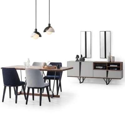 Complete dining room, dining table 2-piece, sideboard, dining room table, white wood