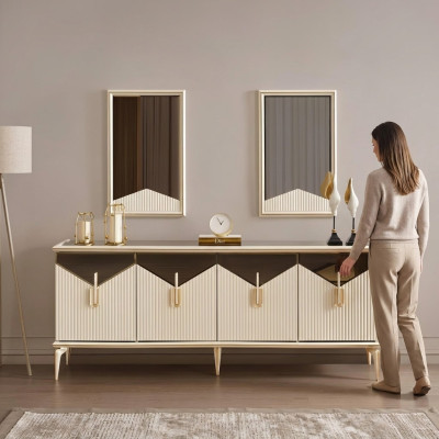 Luxury Sideboard Buffet Cupboard Cabinet Wood Cabinet Wood Beige Gold