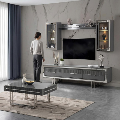 Wall unit TV stand cabinets coffee table RTV lowboard gray set of 3 pieces