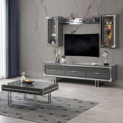 Wall unit TV stand cabinets coffee table RTV lowboard gray set of 3 pieces