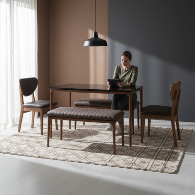 Dining room set dining table wood chairs 4-piece brown dining area bench fabric