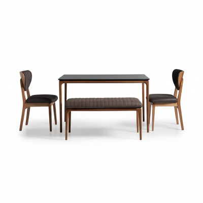 Dining room set dining table wood chairs 4-piece brown dining area bench fabric