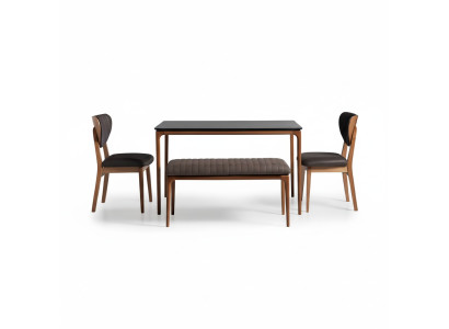 Dining room set dining table wood chairs 4-piece brown dining area bench fabric