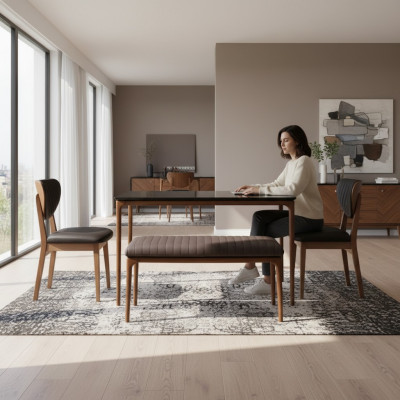 Dining nook, dining set, dining room, dining table, 6-piece chairs, brown, bench, fabric, wood