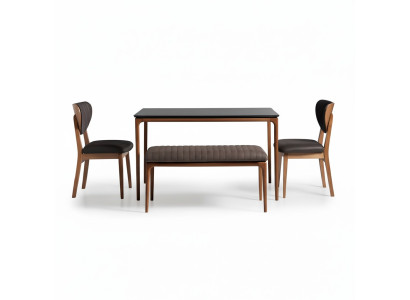 Dining nook, dining set, dining room, dining table, 6-piece chairs, brown, bench, fabric, wood