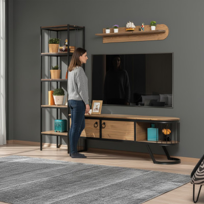 Living room TV stand bookshelf RTV lowboard wood brown set of 3 pieces