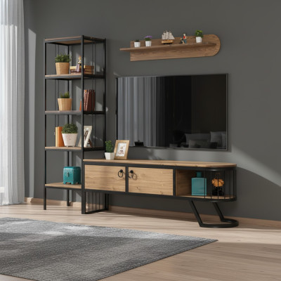 Living room TV stand bookshelf RTV lowboard wood brown set of 3 pieces