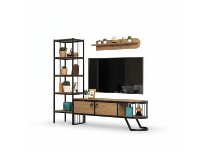 Living room TV stand bookshelf RTV lowboard wood brown set of 3 pieces