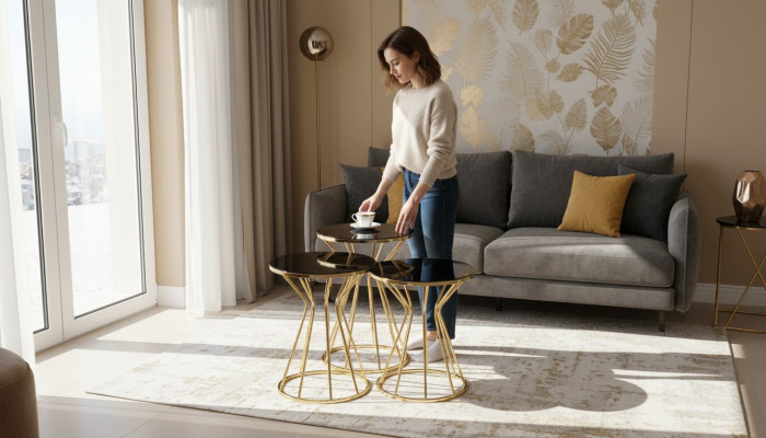 Set of side tables coffee tables sofa tables 3-piece coffee tables gold