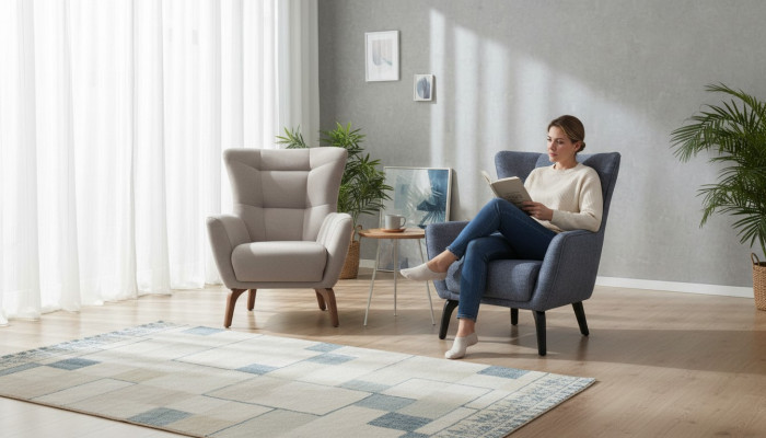 Living room single-seater armchair wingback fabric armchair gray upholstered seat