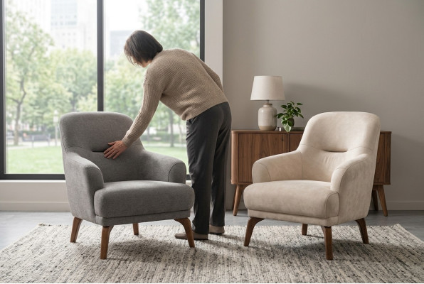 Fabric armchair, armchair, beige upholstery, living room, single-seater chair, wing chair