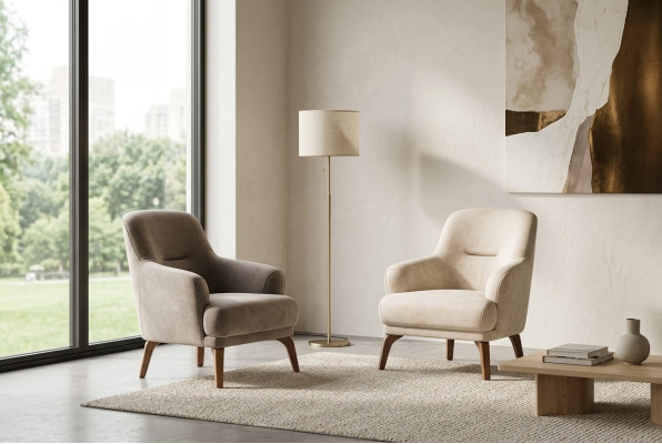 Fabric armchair, armchair, beige upholstery, living room, single-seater chair, wing chair
