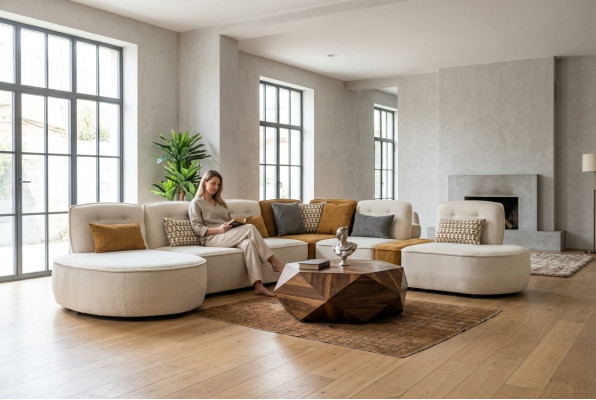 Sectional sofa modular corner sofa L-shaped couch beige fabric upholstery