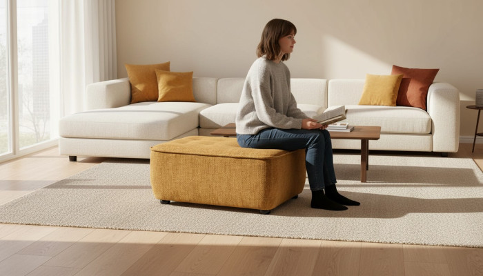 Stool, upholstered stool, sofa stool, footstool, brown fabric.
