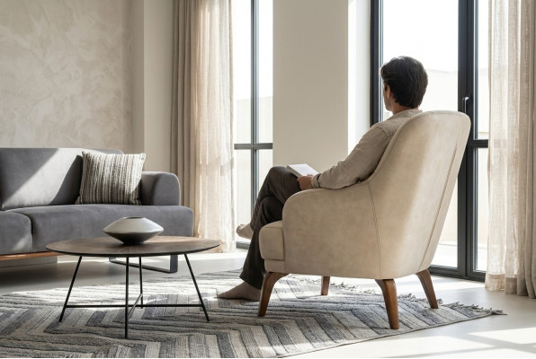 Armchair Living Room Wingback Armchair Fabric Armchair Beige Upholstered Single-Seater Seat