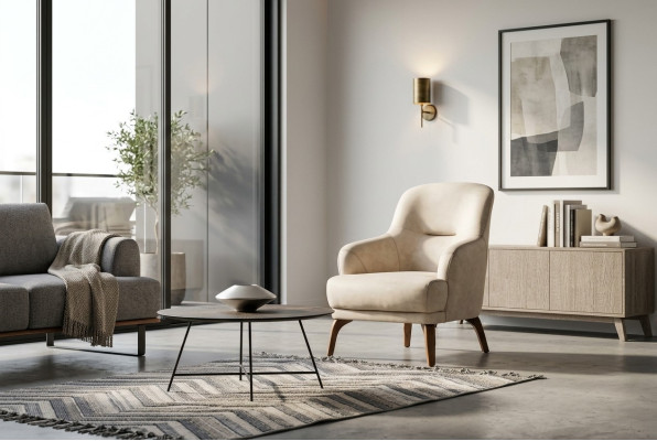 Armchair Living Room Wingback Armchair Fabric Armchair Beige Upholstered Single-Seater Seat