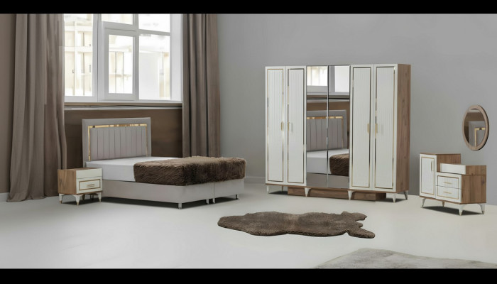 White-Golden Bedroom Set Sleeping Bed Wardrobe Dresser