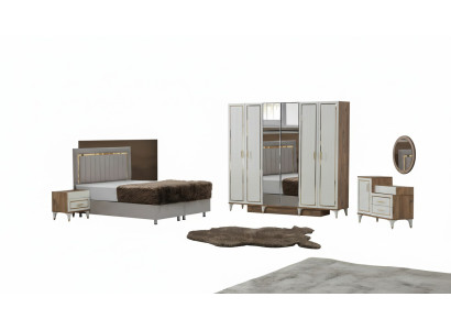 White-Golden Bedroom Set Sleeping Bed Wardrobe Dresser