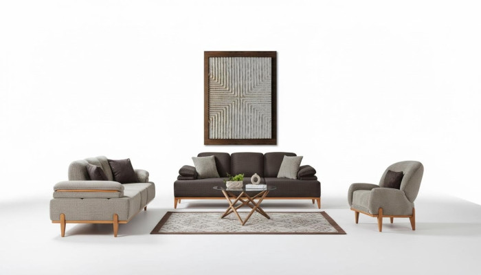 Complete brown-gray living room lounge suite upholstered sofas armchairs set of 3 pieces