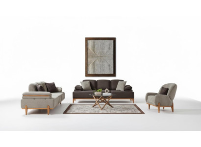 Complete brown-gray living room lounge suite upholstered sofas armchairs set of 3 pieces