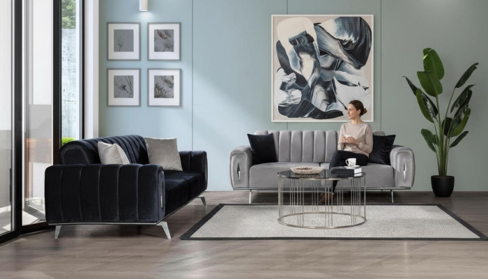 Complete stainless steel three-seater modern fabric sofas upholstered couches 2-piece set