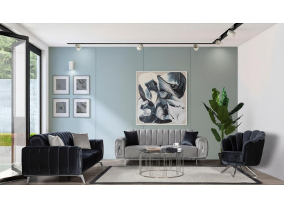 Black-Gray Stainless Steel Sofas Designer Upholstered Three-Seater Armchair 3-Piece Set