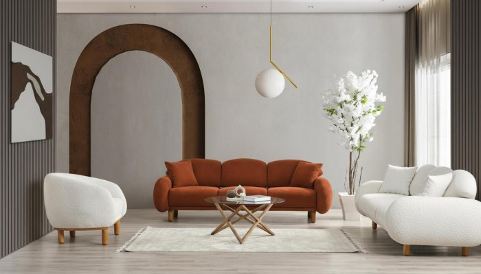 White sofa set Stylish three-seater armchair Upholstered fabric sofas