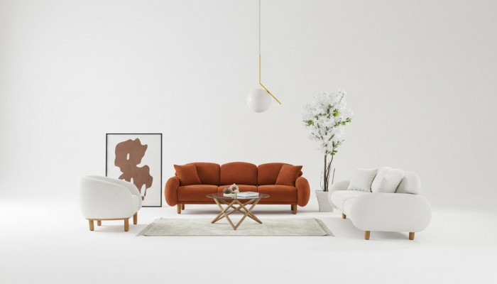 White sofa set Stylish three-seater armchair Upholstered fabric sofas