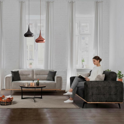 Modern gray couch set, 2x three-seater, luxurious upholstered sofas, 2-piece set