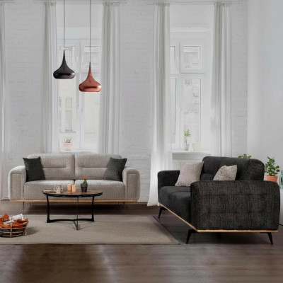 Modern gray couch set, 2x three-seater, luxurious upholstered sofas, 2-piece set