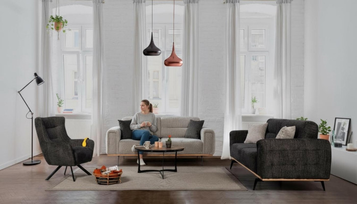 Black-Gray Sofa Set Luxurious Fabric Armchairs Modern Living Room Furniture