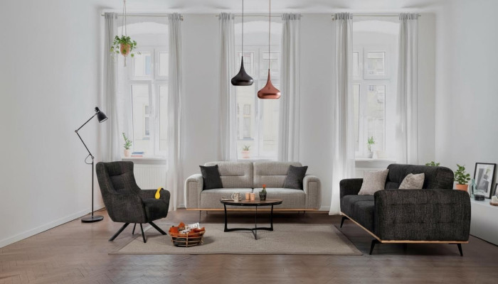 Black-Gray Sofa Set Luxurious Fabric Armchairs Modern Living Room Furniture