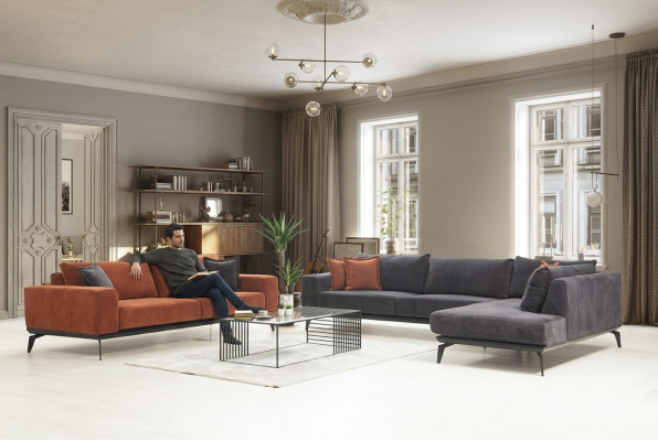 Gray Upholstered Corner Sofa Designer Three-Seater Fabric Sofas Living Room Set