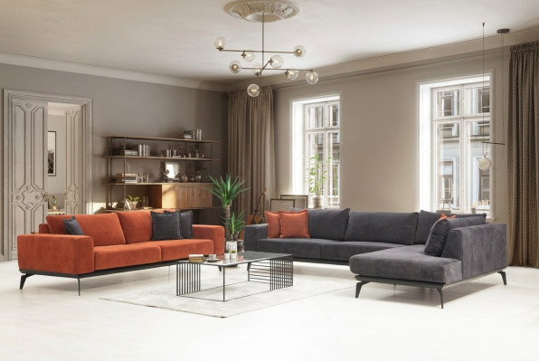 Gray Upholstered Corner Sofa Designer Three-Seater Fabric Sofas Living Room Set