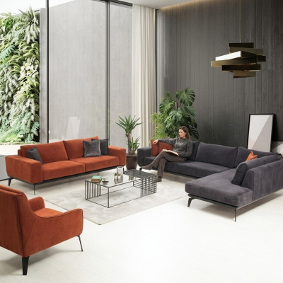 Gray-Orange Couch Set Luxurious Living Room Furniture 3-Seater Corner Sofa