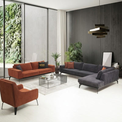 Gray-Orange Couch Set Luxurious Living Room Furniture 3-Seater Corner Sofa