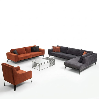Gray-Orange Couch Set Luxurious Living Room Furniture 3-Seater Corner Sofa