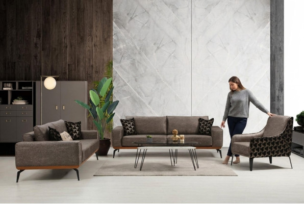 Complete living room sofa suite: 2x 3-seater fabric sofas and armchair, 3 pieces