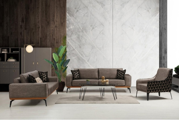 Complete living room sofa suite: 2x 3-seater fabric sofas and armchair, 3 pieces