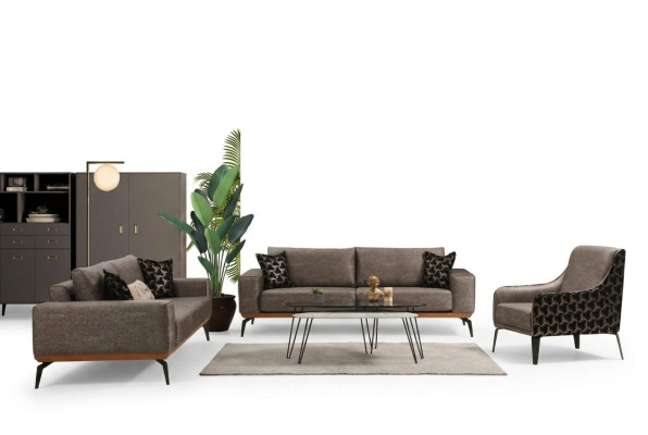 Complete living room sofa suite: 2x 3-seater fabric sofas and armchair, 3 pieces